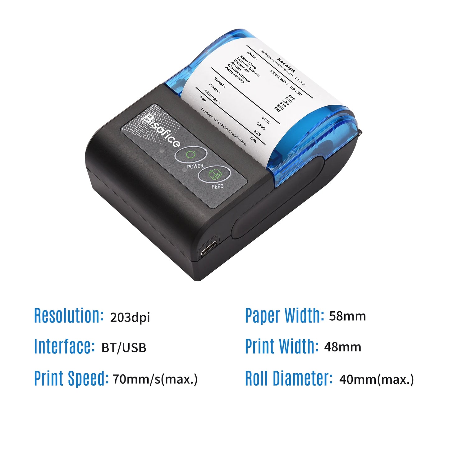 Bisofice Portable Mini Thermal Printer 2 inch Wireless USB Receipt Bill Ticket Printer with 58mm Print Paper for Restaurant