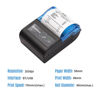 Bisofice Portable Mini Thermal Printer 2 inch Wireless USB Receipt Bill Ticket Printer with 58mm Print Paper for Restaurant