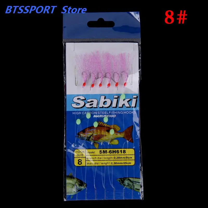 6pcs/set noctilucence Mackerel Feathers Bass Cod Sea Fishing Tackle Boat Luminous Fishing Hook Treble Fishing Lures