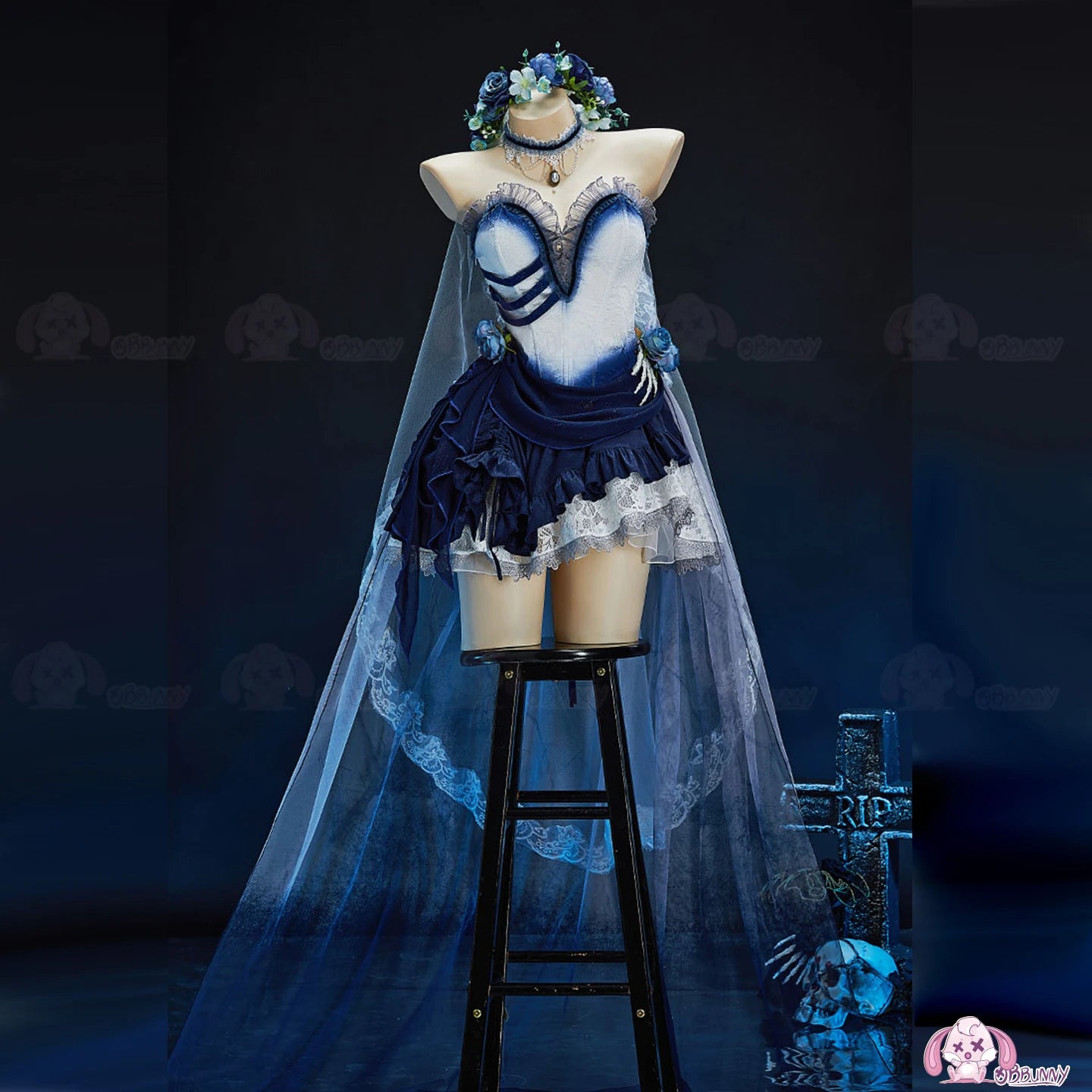 Zombie Bride Cosplay Costume Blue Ombre Gothic Victorian Lace Dress Halloween Anime Game Role Playing Outfit For Women Men