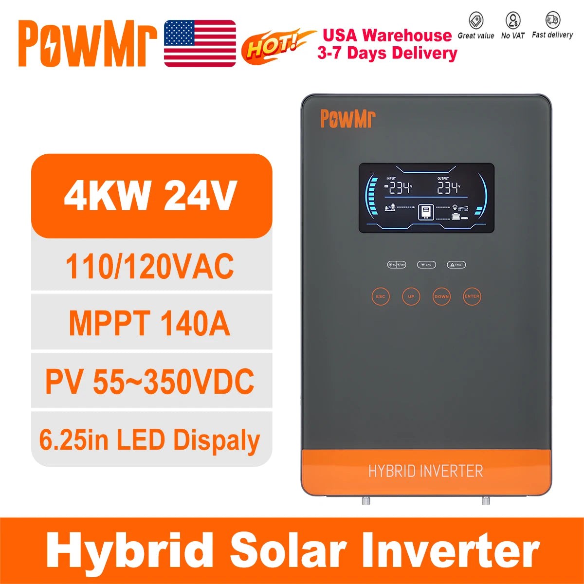 PowMr 4KW 110Vac Off Grid Hybrid Solar Inverters 24V 140A 5600W MPPT Charger Pure Sine Wave Home Inverter 6.25 Inch LCD Display