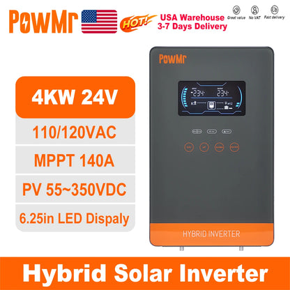 PowMr 4KW 110Vac Off Grid Hybrid Solar Inverters 24V 140A 5600W MPPT Charger Pure Sine Wave Home Inverter 6.25 Inch LCD Display