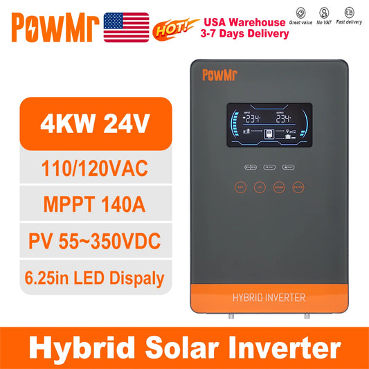PowMr 4KW 110Vac Off Grid Hybrid Solar Inverters 24V 140A 5600W MPPT Charger Pure Sine Wave Home Inverter 6.25 Inch LCD Display
