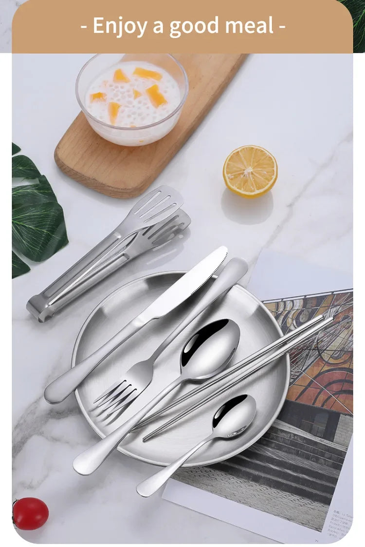 11 Pcs/lot Picnic Tableware Kit Portable Stainless Steel Knife Fork Spoon Plate Cutlery Set Outdoor Travel Camping Equipment