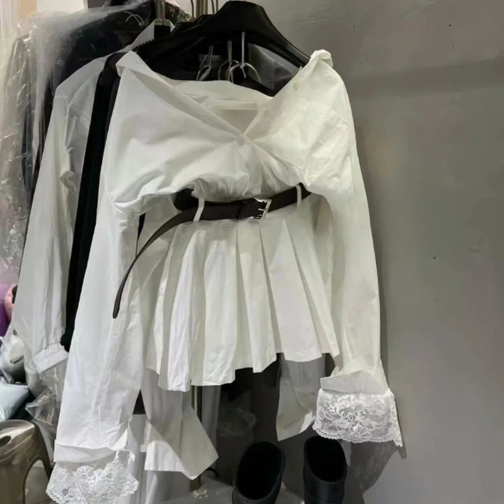 Neploe Literary A-line Simple Casual Office Lady Shirt Dress Pleated Korea New Moda Elegant Lace Robe Pure Desire Minority Mujer