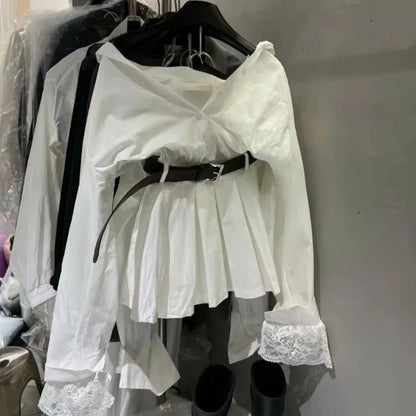 Neploe Literary A-line Simple Casual Office Lady Shirt Dress Pleated Korea New Moda Elegant Lace Robe Pure Desire Minority Mujer