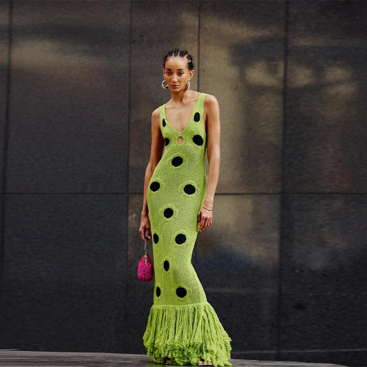 Designed Polka Dot Knitted Long Dress V Neck Hollow Out Fringe Hem Dresses 2025 Summer New Women's Elegant Party Evening Gown
