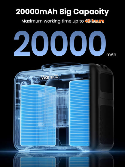 Warmco 20000mAh Portable Neck Waist Fan 72H Battery 4Speeds 15000RPM Clip On Wearable Belt Cooling Fan LED Flashlight Power Bank
