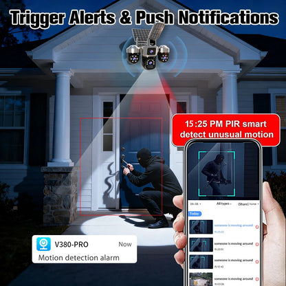 4K HD Solar WiFi Camera Outdoor Waterproof Built-in Battery Three Lens Security Camera Solar Panel Wireless Video Surveillance