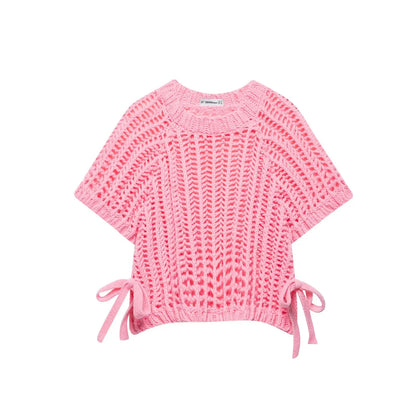 EDSA Women Chunky Knit Top with Side Straps O-Neck Short Sleeves Hollow Out Cropped Sweater Pullover for Casual Female