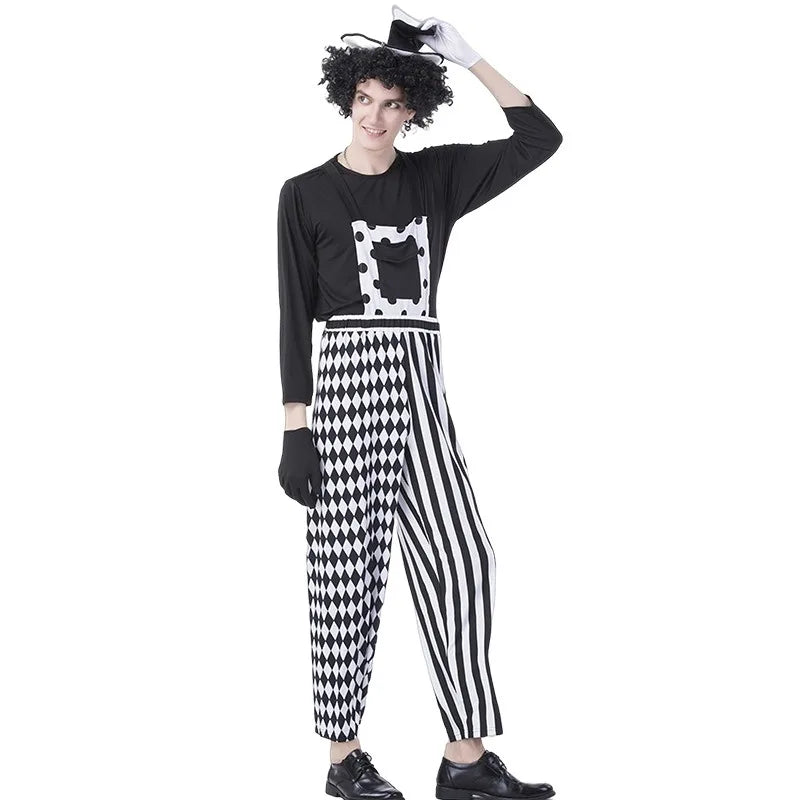 Women Killer Clown Costume Adult Cosplay Terror Clown Jumpsuits Halloween Funny Scary Clothing White Black Stripe Clown Outfits