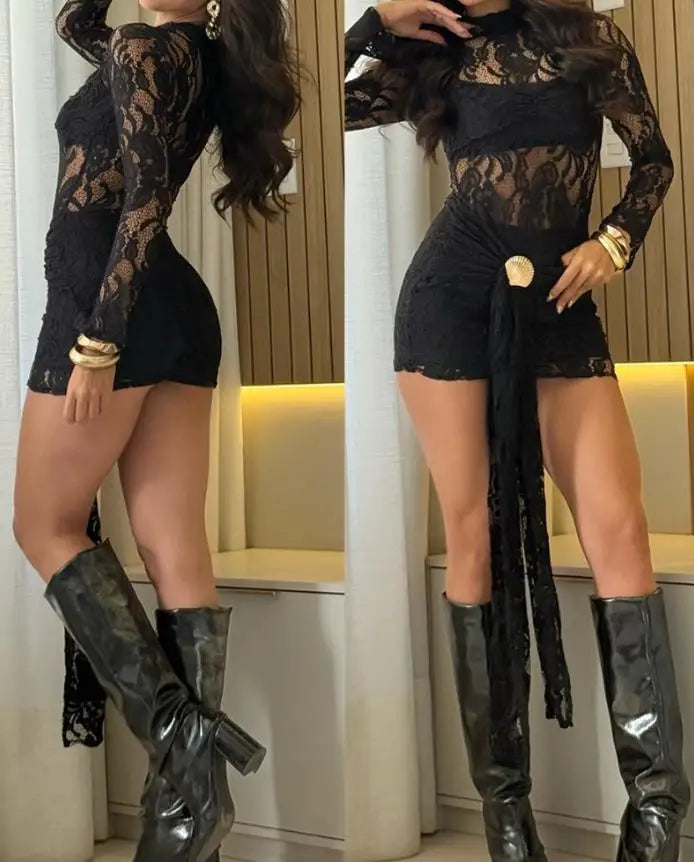 Womens Dresses Spring New Solid Color High Neck Tied Detail Shell Button Decor Sheer Lace Dress Casual Slim Fit Mini Dress