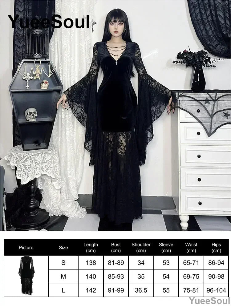Halloween Gothic Grunge Punk Women Dress Long Sleeve Lace Slim Black Dresses 2025 New Y2K Harajuku Lolita Fairy Core Party Dress