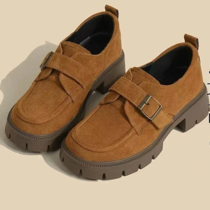 2025 Women's Suede Loafers Round Toe Chunky Sole Buckle Decor Slip-On Casual Shoes Anti-Slip Retro Brown Flats