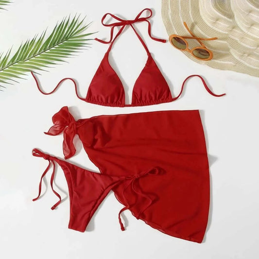 Sexy Three Pieces Bikini Set Women Summer Bikini With Sarong Skirt Solid Color Triangle Cup Tie Up Female Swimwear Swimming Suit