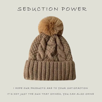 Winter Twist Knitting Hats Warm Fur Pompom Thick Plush Cap Beanies Solid Ladies Versatile Ski Snow Skullies Beanies Velvet Hat