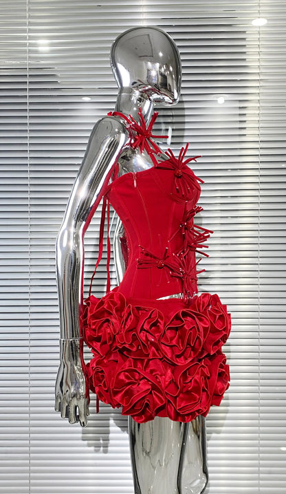 Black Red Color Women Sexy Strapless Laced-up Tops Florlas Bodycon Mini Skirt Set Celebrate Birthday Party Cocktail Dress