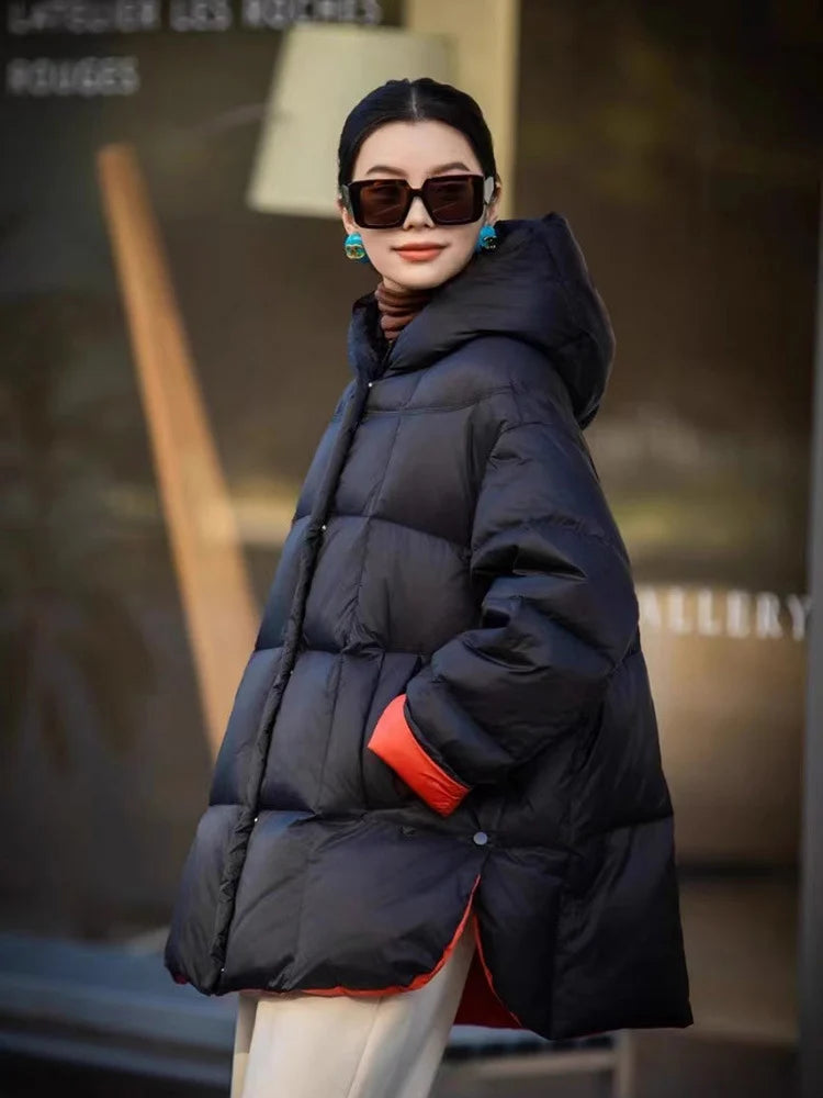 Schinteon Women Down Jacket Casual Loose Over Size Warm Autumn Winter Outwear White Duck Down with Hood Fashion Coat 2024 New