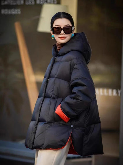 Schinteon Women Down Jacket Casual Loose Over Size Warm Autumn Winter Outwear White Duck Down with Hood Fashion Coat 2024 New