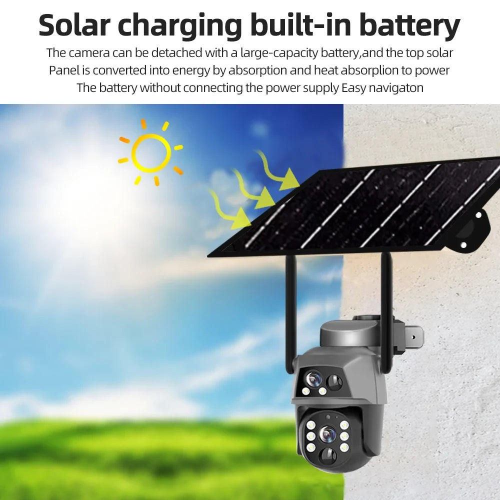 4G Solar Camera Outdoor Dual Lens 8MP 4K WiFi PTZ IP Security Camara With Solar Panel CCTV Built in Battery Auto Tracking Cam