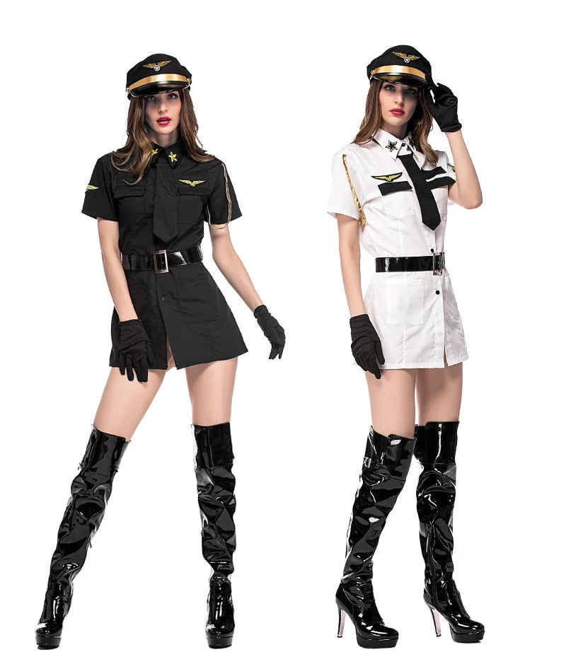 Black White Sexy Women Pilot Costumes Fancy Uniform Stewardess Cosplay Suit Carnival Masquerade Nightclub Role Play Dress