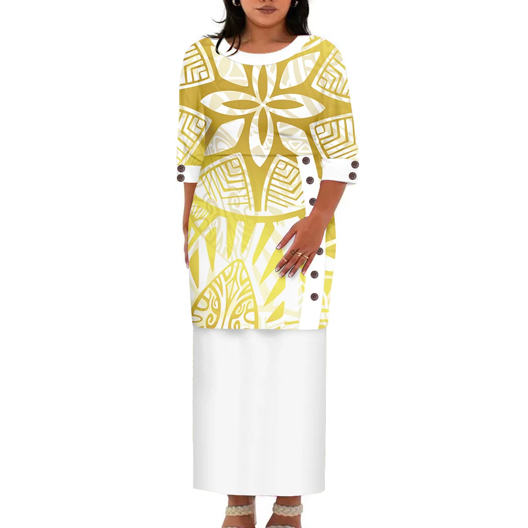 Hawaii Style Design Big Size Ladies Long Dress Custom Polynesian Puletasi Ptaha Dress O Neck Prom Clothes 2 Piece Outfits Sets