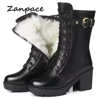2025 Winter Leather Women Winter Boots Thick Wool Warm Women High-heeled Genuine Boot High-quality Female Snow Boots Women Shoes