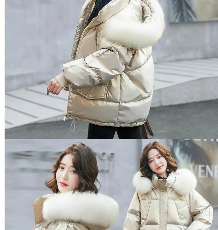 2025 Winter Fashion New Warm Duck Down Jacket Women's Clothes Glossy Fur collar Thicken Parka Short Down Coat Female Trend