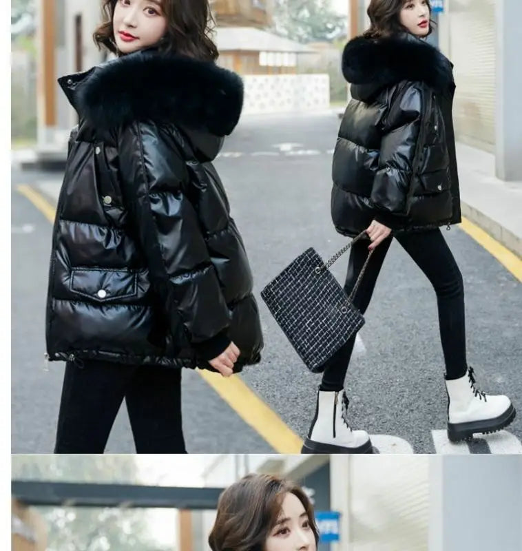 2025 Winter Fashion New Warm Duck Down Jacket Women's Clothes Glossy Fur collar Thicken Parka Short Down Coat Female Trend