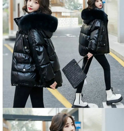 2025 Winter Fashion New Warm Duck Down Jacket Women's Clothes Glossy Fur collar Thicken Parka Short Down Coat Female Trend