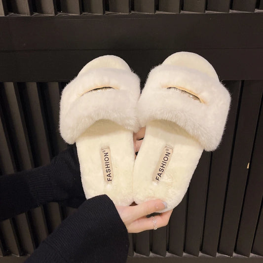 Fashion Winter Warm Women Slippers Cozy Faux Fur Cross Indoor Floor Slides Flat Soft Fluffy Female Celebrities Home Cotton Shoes