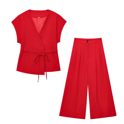 TFMLN Fashion Women's Trouser Suits Sleeveless V-Neck Top With Belt Straight Pants Sets 2025 Spring Summer Commuter 2 Piece Set