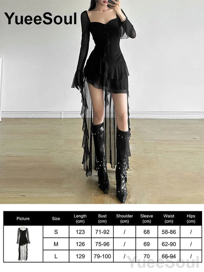Halloween Gothic Grunge Punk Women Dress Long Sleeve Lace Slim Black Dresses 2025 New Y2K Harajuku Lolita Fairy Core Party Dress