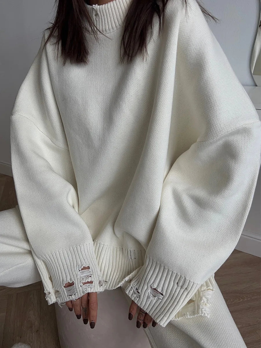 Bornladies Autumn Winter Women's New Turtleneck Knit Sweater Skinny Knit Pants Set Soft Oversized Ripped Hem Fashion Pullover