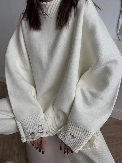 Bornladies Autumn Winter Women's New Turtleneck Knit Sweater Skinny Knit Pants Set Soft Oversized Ripped Hem Fashion Pullover