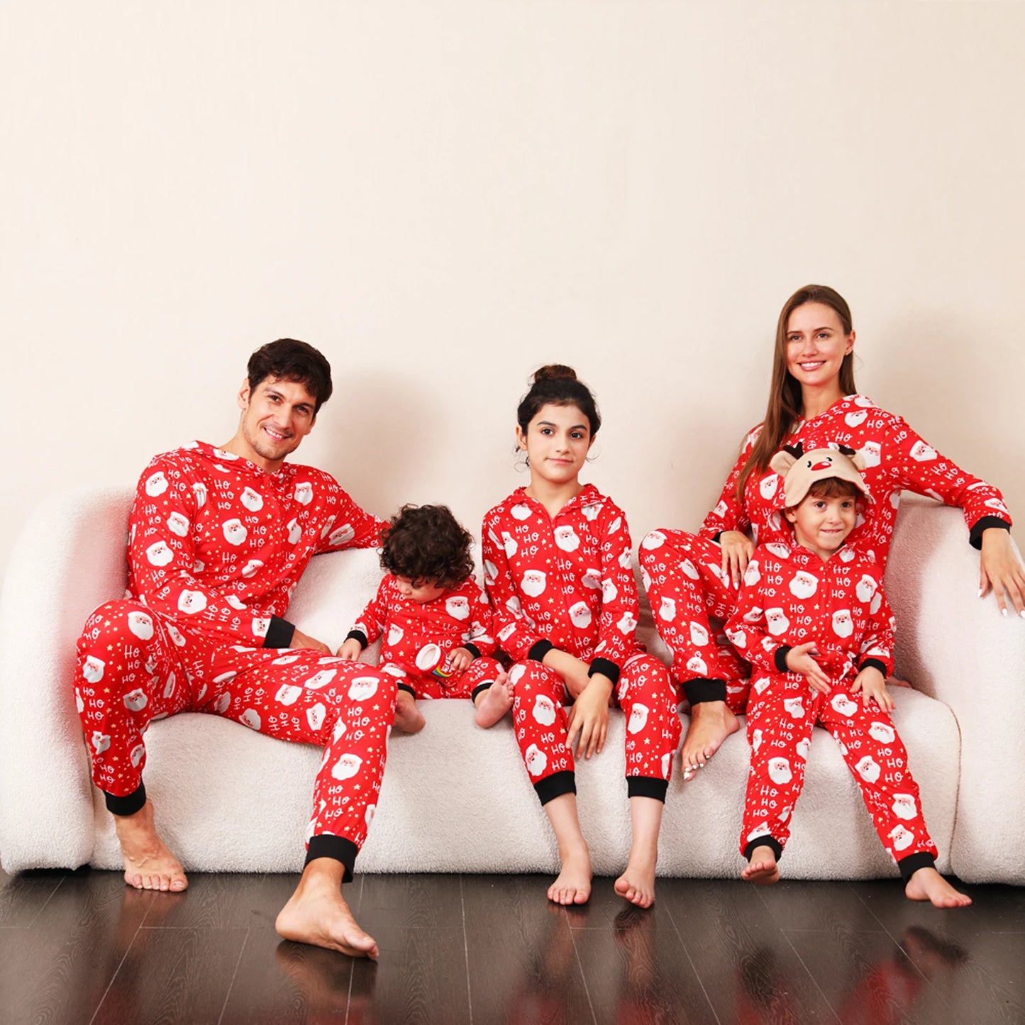 Family Matching Christmas Pajamas for Family Long Sleeve Santa Print Hooded Romper Zip Up Jumpsuits