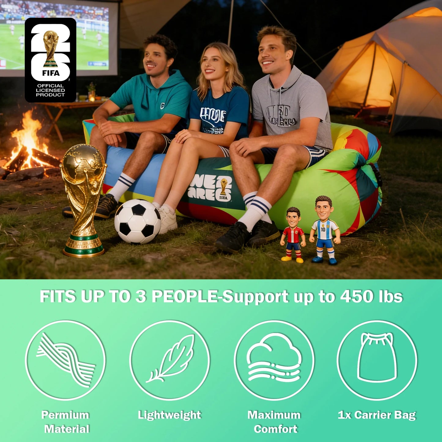 FIFA World Cup 2026 Inflatable Sun Lounger, Air Sofa Hammock Inflatable Couch for Camping Backyard Lakeside Balloon