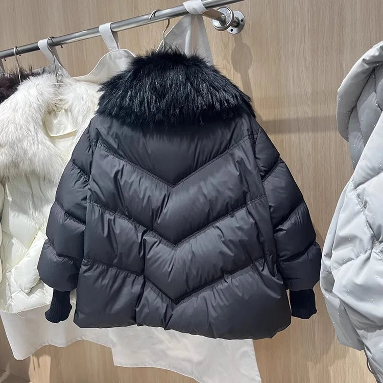 OFTBUY 2025 New Winter Large Real Raccoon Fur Puffer Coat Women Oversized Feather Down Parka Knit Sleeve White Duck Down Jacket