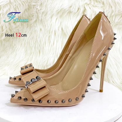 Size 34-46 Women's Pumps 8-12CM Fashion Rivet Pointed Toe Single Shoes With Bow-knot Spring Autumn Nightclub Party High Heels