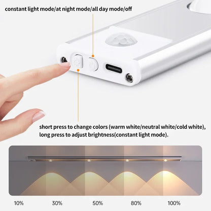 Motion Sensor LED Bar Light Rechargeable Cabinet Light 3 Colors Dimming  Kitchen Light for Closet Wardrobe Stairs 20/30/40/50cm