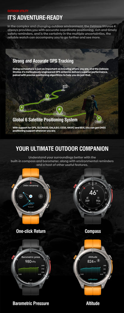 NEW Zeblaze Stratos 4 GPS Smart Watch 1.43 AMOLED Display Built-in Compass Barometric Altimeter Flashlight Voice Call Smartwatch