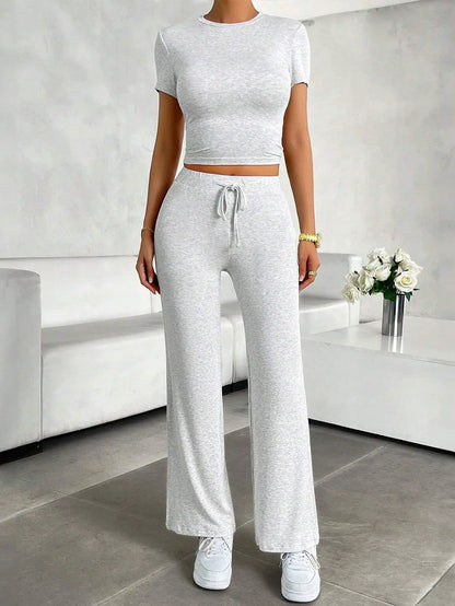 Summer Comfortable Casual Women's Home Sports Set 2025 New Fashionable Solid Color Slim Body Clothes + Trousers Two-piece Set