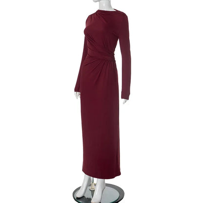Tossy Pleated Slim Fashion Maxi Dress For Women Elegant High Waist Long Sleeve Bandage Autumn Dress Ladies Patchwork Long Dress