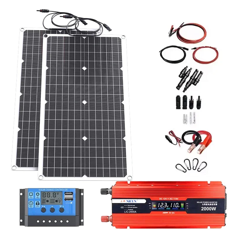 2000W Off-Grid Solar Complete Kit Power 100A Controller,110V 220V Inverter&10AH 30AH LiFePO4 Battery for Home/RV/Camping