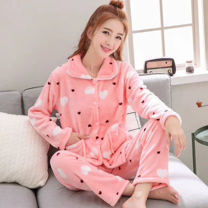 New Women's Autumn and Winter Warm Pyjamas Homewear Suit Coral Velvet Pajamas Girls Padded Thickened Sweet Flannel Homewear