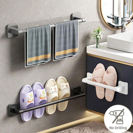 Wall Mounted Towel Holder Slipper Rack Bathroom Storage Rack Holder Without Drilling Bathroom Horizontal Bar Towel Rack