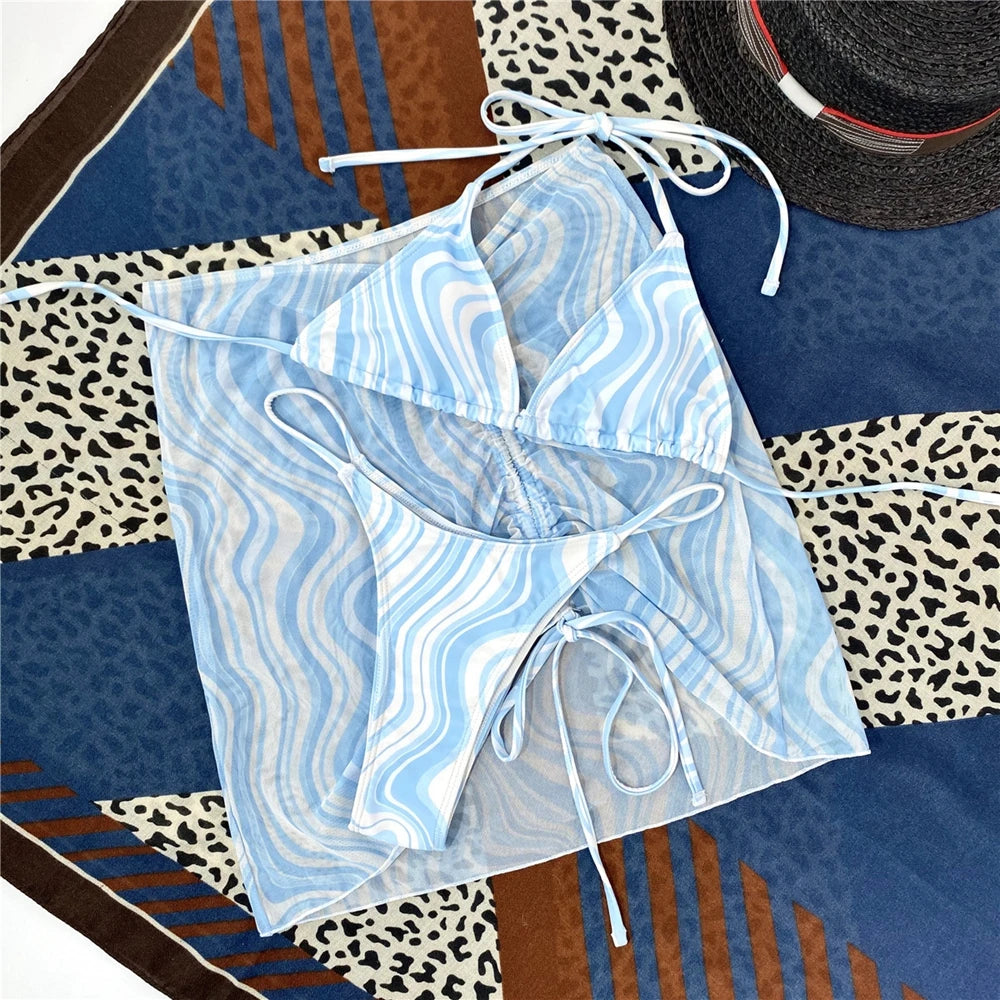 2025 New Sexy Striped Printed Three Pieces Bikini Sets Swimsuit For Women Swimwear Female Halter Strappy Bathing Suits Beachwear
