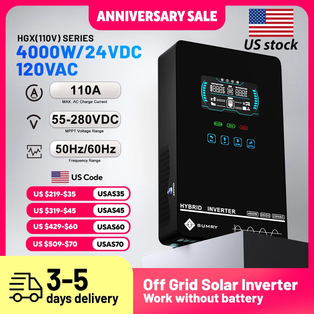 Sumry 4KW 120V Off Grid Solar Inverter 24V 140A 5600W MPPT Charger Pure Sine Wave Home Inverter 6.25 Inch LCD Display