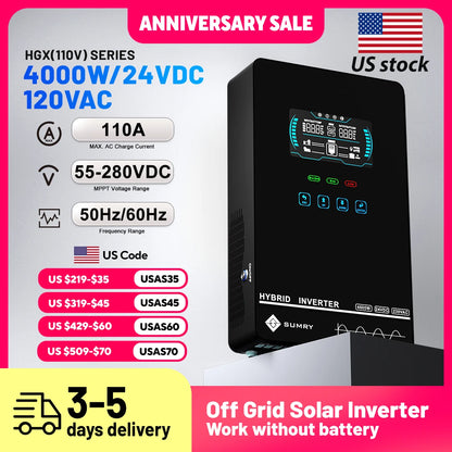 Sumry 4KW 120V Off Grid Solar Inverter 24V 140A 5600W MPPT Charger Pure Sine Wave Home Inverter 6.25 Inch LCD Display