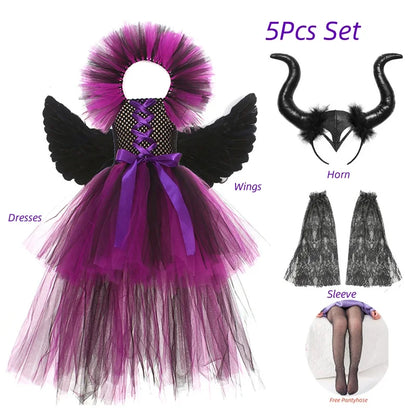 Maleficent Costume Deluxe Girls Halloween Carnival Party Black Trailing Mesh Dress Kids Cosplay Demon Queen Witch Clothes